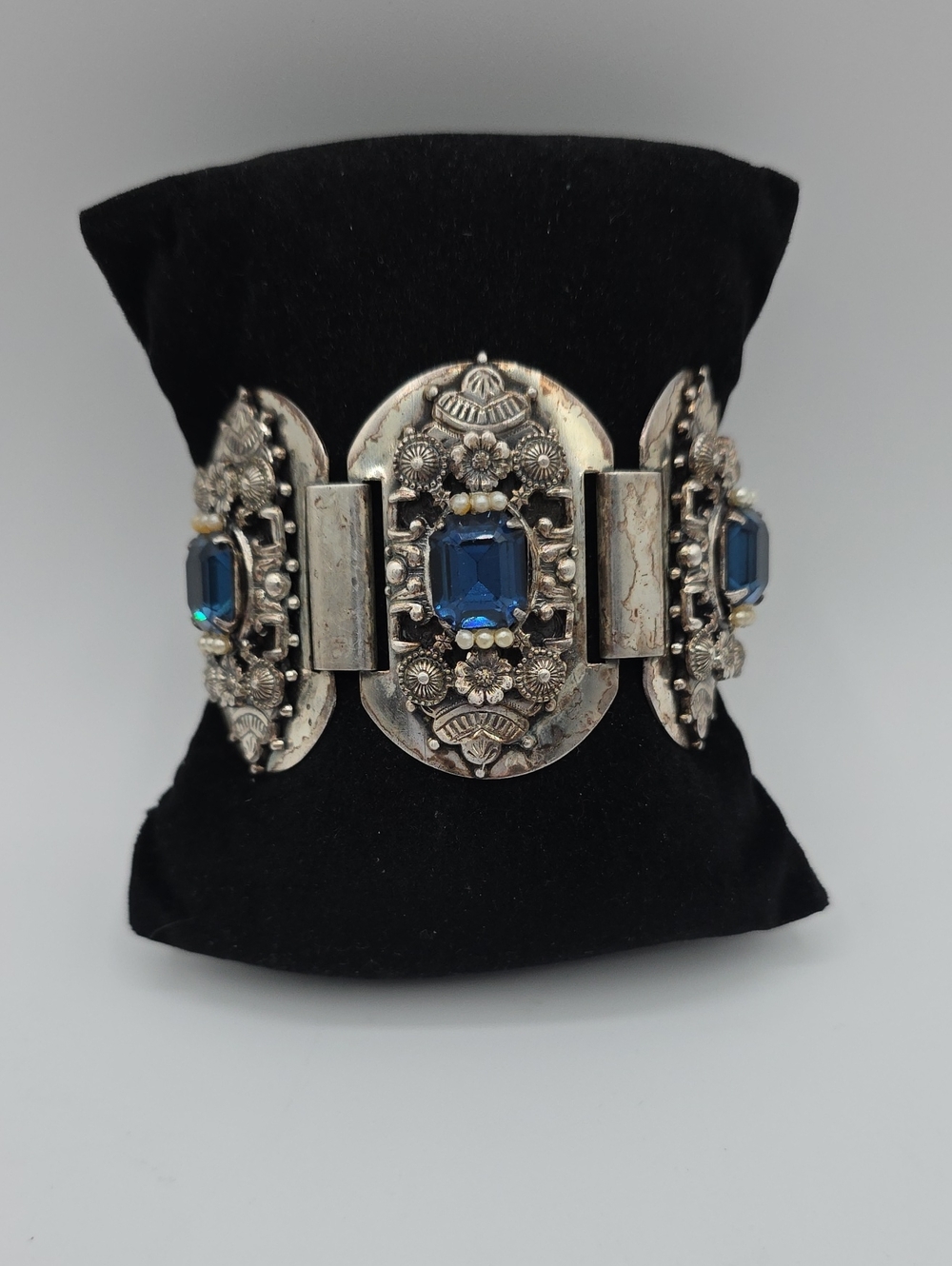 Vintage Silver Bracelet with Blue Gemstone Accents